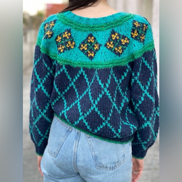 VTG 90’s Liz Sport chunky wool Sweater Green Cropped Checkered Balloon Sleeve S - Picture 3 of 11